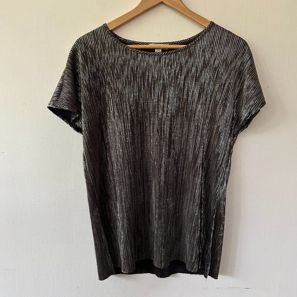 Carolina Belle Textured Blouse Womens Small Silver Short Sleeve Holiday Maximal
